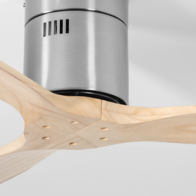 Ventilador de Techo Kent Níquel/Madera Clara sin Luz Mando a Distancia 3 Aspas Ø132 cm Motor DC 40W, detalle Ventilador de Techo Kent Níquel/Madera Clara sin Luz Mando a Distancia 3 Aspas Ø132 cm Motor DC 40W, detalle