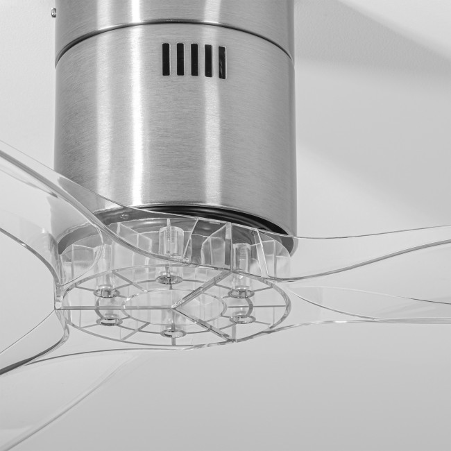 Ventilador de Techo Kent Níquel/Transparente sin Luz Mando a Distancia 3 Aspas Ø132 cm Motor DC 40W, detalle Ventilador de Techo Kent Níquel/Transparente sin Luz Mando a Distancia 3 Aspas Ø132 cm Motor DC 40W, detalle