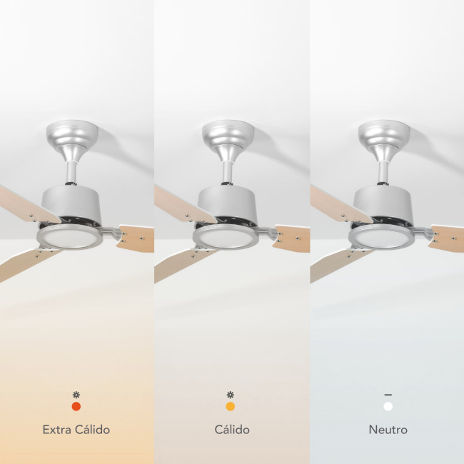 Ventilador de Techo Faura Plata/Madera Clara con Luz LED 18W Mando a Distancia 3 Aspas Ø132 cm Motor DC 33W, temperatura Ventilador de Techo Faura Plata/Madera Clara con Luz LED 18W Mando a Distancia 3 Aspas Ø132 cm Motor DC 33W, temperatura