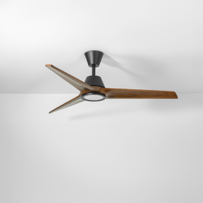 Ventilador de Techo Loob Negro/Madera Oscura con Luz LED 18W Mando a Distancia 3 Aspas Ø132 cm Motor DC 35W, real Ventilador de Techo Loob Negro/Madera Oscura con Luz LED 18W Mando a Distancia 3 Aspas Ø132 cm Motor DC 35W, real