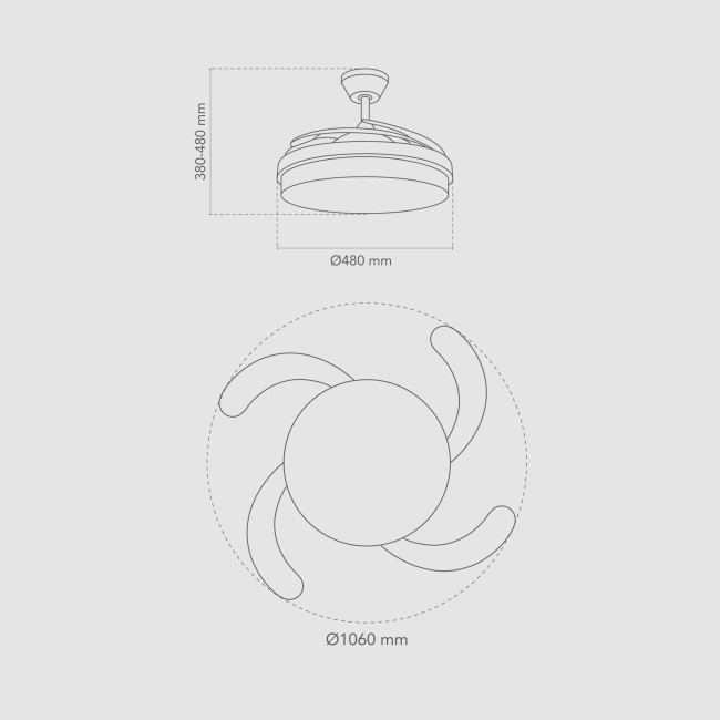 Ventilador de Techo Retráctil Shibory Blanco con Luz LED 36W Mando a Distancia 4 Aspas Ø106 cm Motor DC 30W, medidas Ventilador de Techo Retráctil Shibory Blanco con Luz LED 36W Mando a Distancia 4 Aspas Ø106 cm Motor DC 30W, medidas