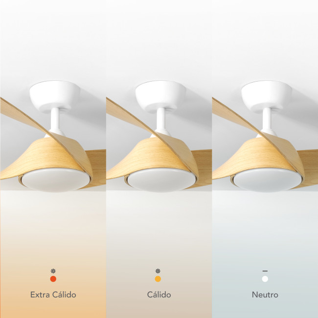 Ventilador de Techo Zelha Blanco/Efecto Madera Clara con Luz LED 24W Mando a Distancia 3 Aspas Ø132 cm Motor DC 45W, temperatura Ventilador de Techo Zelha Blanco/Efecto Madera Clara con Luz LED 24W Mando a Distancia 3 Aspas Ø132 cm Motor DC 45W, temperatura