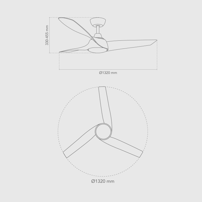 Ventilador de Techo Zelha Blanco/Efecto Madera Clara con Luz LED 24W Mando a Distancia 3 Aspas Ø132 cm Motor DC 45W, medidas Ventilador de Techo Zelha Blanco/Efecto Madera Clara con Luz LED 24W Mando a Distancia 3 Aspas Ø132 cm Motor DC 45W, medidas