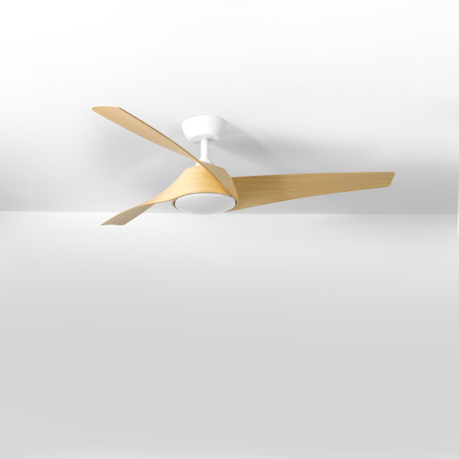 Ventilador de Techo Zelha Blanco/Efecto Madera Clara con Luz LED 24W Mando a Distancia 3 Aspas Ø132 cm Motor DC 45W, real Ventilador de Techo Zelha Blanco/Efecto Madera Clara con Luz LED 24W Mando a Distancia 3 Aspas Ø132 cm Motor DC 45W, real