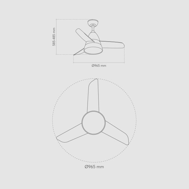 Ventilador de Techo Comba Blanco con Luz LED 20W Mando a Distancia 3 Aspas Ø96,5 cm Motor DC 26W, medidas Ventilador de Techo Comba Blanco con Luz LED 20W Mando a Distancia 3 Aspas Ø96,5 cm Motor DC 26W, medidas