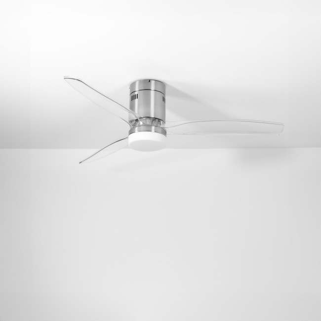 Ventilador de Techo Kent Níquel/Transparente con Luz LED 20W Mando a Distancia 3 Aspas Ø132 cm Motor DC 40W, real Ventilador de Techo Kent Níquel/Transparente con Luz LED 20W Mando a Distancia 3 Aspas Ø132 cm Motor DC 40W, real